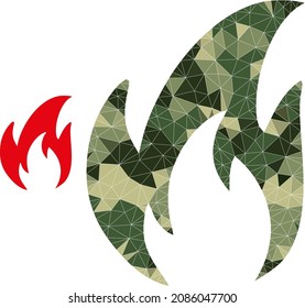 Camouflage low-poly mosaic fire icon. Low-poly fire icon is constructed of randomized camo filled triangle parts. Vector fire icon created in camo army style.