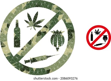 Camouflage low-poly mosaic forbid addiction drugs icon. Low-poly forbid addiction drugs icon constructed with scattered camouflage colored triangles.