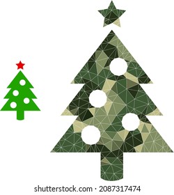 Camouflage low-poly mosaic new year tree icon. Low-poly new year tree icon combined of random camo color triangle parts. Vector new year tree icon created in camo army style.