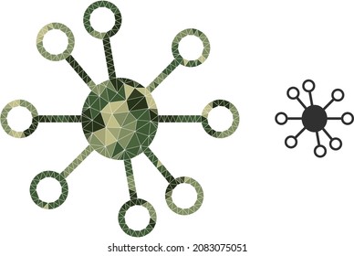 Icono de enlace de nodo de mosaico de bajo polígono de camuflaje. Icono de vínculos de nodos de polos bajos combinados desde partes triangulares diseminadas de caqui. Icono de vínculos de nodo vector creado al estilo militar de caqui.
