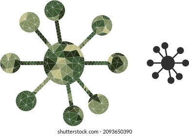 Camouflage low-poly mosaic node relations icon. Low-poly node relations pictogram designed of randomized khaki color triangles. Vector node relations icon designed in camo military style.