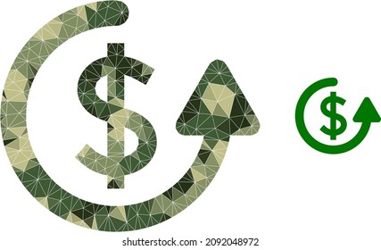Camouflage lowpoly mosaic repeat payment icon. Lowpoly repeat payment icon is combined of chaotic khaki filled triangle parts.
