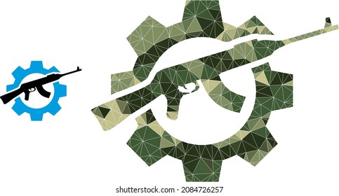 Camouflage low-poly mosaic weapon industry icon. Low-poly weapon industry icon combined with random camo colored triangle parts. Vector weapon industry icon designed in camo military style.