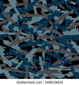 Camouflage made by 3 types of warships outline in blue tone seamless pattern vector. submarine, frigate, amphibious ship camouflage background.