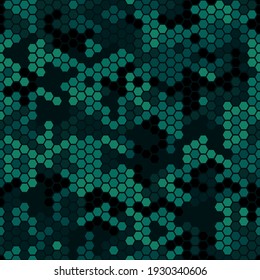 Textura de patrón de malaquita verde hexagonal sin costura. Resumen de tela militar moderna de camo y fondo de adorno de moda. Ilustración vectorial.