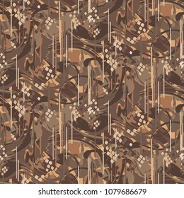 Camouflage marbled strokes brown seamless vector pattern. Abstract chaotic tan colors repeating background.