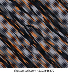 Camouflage mesh. Seamless vector background. Urban style. Black-gray and orange stripes with jagged edges create an abstract masking pattern. Modern military-style clothing texture.