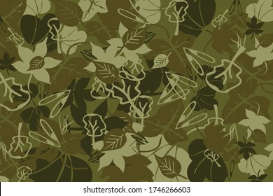 Camouflage Military Army Forest Texture, Vector Background, Woodland Pattern Backdrop, Hunting Fishing Foliage