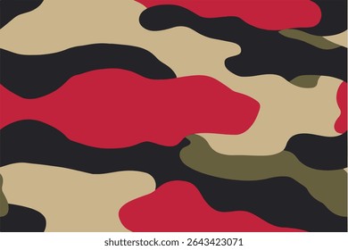 Camouflage military background in olive brown, dark moss green, and forest red colors, in high resolution, seamless texture, trendy modern pattern.
