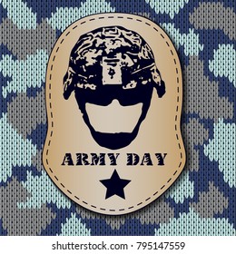 Camouflage military logo army. Knitting khaki pattern. War stamp, label, sign. Vector illustration.