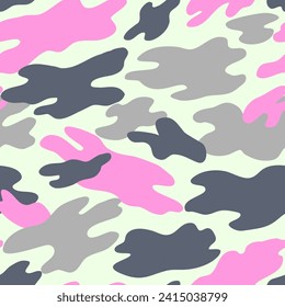 Camouflage military pattern with pink elements. Vector seamless pattern for clothing design.
