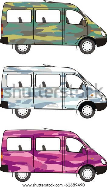 Camouflage mini-bus: Glamour Pink, Winter Snow,\
Classical Forest
