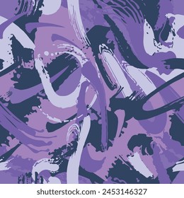 Camouflage modern fashion design. Hand drawn violet camo with brush strokes. Purple shade color, fashionable, fabric. Seamless grunge pattern. Vector	