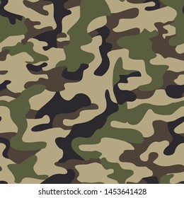 Camouflage modern military seamless pattern. Hunting texture. Green brown and dark spots on a beige background. Isolating elements. Print on fabric on textile paper. Vector