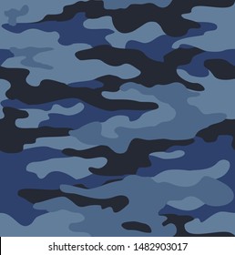 
Camouflage modern seamless pattern. Military texture. Blue. Print on fabric on paper. Vector graphic design.