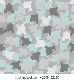 Camouflage modern trendy seamless pattern. Abstract winter blue and gray pixels background. Vector illustration