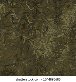 Camouflage needles plants, seamless pattern. Grunge ghillie green, olive and brown colored digital camo background. Distressed texture wallpaper. Fabric vector design