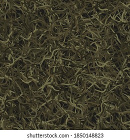 Camouflage needles plants, seamless pattern. Grunge ghillie green, olive and brown colored digital camo background. Distressed texture wallpaper. Fabric vector design