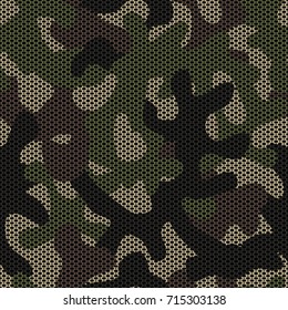 Camouflage netting. Seamless vector pattern. Forest coloring. Texture hiding the shape and outline of the object. Abstract military background for army design. Spotted camouflage.