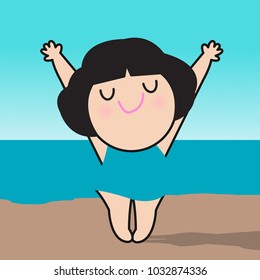 Camouflage Optical Illusion Of Woman In Blue Dress Who Raised Hands Standing In Front Of The Blue Sea Water. Connection Of The Human Body And Landscape Concept Card Character illustration