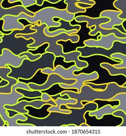 Camouflage with outline spots. Seamless pattern. Abstract endless military background for fabric and fashion textile print. Vector illustration.