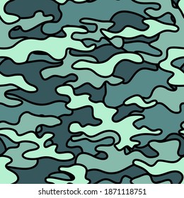 Camouflage mit Umrissflecken. Nahtloses Muster. Abstrakter, endloser militärischer Hintergrund für Stoff- und Modetextilien. Vektorgrafik.