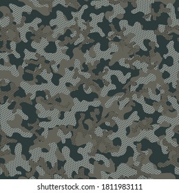 Camouflage Paint Olive Camouflage Seamless Pattern. Desert Repeated Circle Vector Pattern. Brown Repeated Artistic Vector Background. Bright Seamless Creative Graphic Backdrop. Green