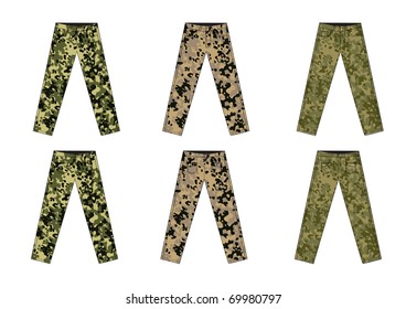 Camouflage pants front and back view. vector template