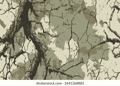 A camouflage pattern with an abstract background of cracked earth and tree branches, designed for military or hunting use.Hunting camouflage background. Vector camouflage texture