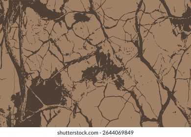 A camouflage pattern with an abstract background of cracked earth and tree branches, designed for military or hunting use