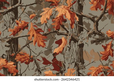 A camouflage pattern with an autumn color scheme, featuring leaves and branches in brown.Camouflage seamless pattern. Hunting camouflage background. Vector tree hunting camouflage woodland pattern.