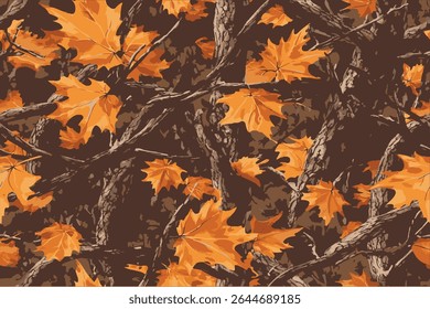 A camouflage pattern with an autumn color scheme, featuring leaves and branches for hunting. The background is made of camo fabric with tree foliage and orange fall leaf patterns.