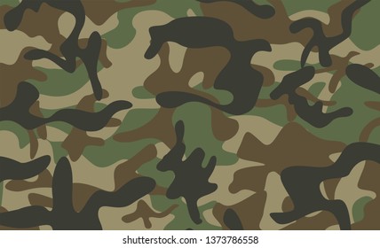 Camouflage pattern background. Classic clothing style masking camo repeat print.  Green brown black olive colors forest texture. Fabric and fashion textile pint. Design element. Vector illustration. 