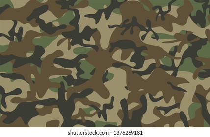 Camouflage pattern background. Classic clothing style masking camo repeat print. Green brown black olive colors forest texture. Fabric and fashion textile pint. Design element. Vector illustration.