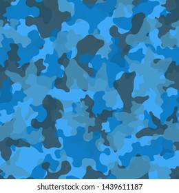 Camouflage pattern background. Classic clothing style masking camo repeat print. Blue grey colors urban, navy or airforce texture. Design element. Vector illustration.