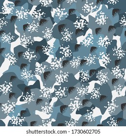 Camouflage pattern background. Classic clothing style masking camo repeat print. Winter blue grey colors urban, navy or airforce texture. Design element. Vector illustration.