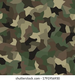 Camouflage pattern background. Classic clothing style masking camo repeat print. Green, beige and brown colors woodland, orest or jungle texture. Vector design element illustration.