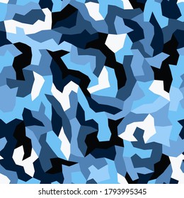 Camouflage pattern background. Classic clothing style masking camo repeat print. Sky blue halftone colors urban, naval, marine or air force texture. Vector design element illustration.