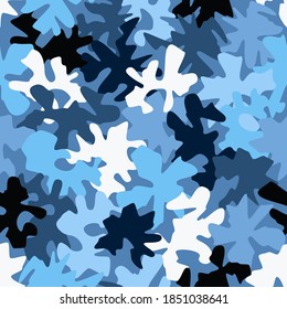 Fondo del patrón de camuflaje. Estilo clásico de ropa enmascarando la impresión repetida de camo. Tonos celulares azules, blancos y negros mezclados textura urbana o aérea. Elemento de diseño. Ilustración vectorial.