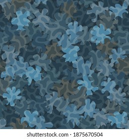 Fondo del patrón de camuflaje. Estilo clásico de ropa enmascarando la impresión repetida de camo. Colores grises azules de textura urbana, marina o aérea. Elemento de diseño. Ilustración vectorial.