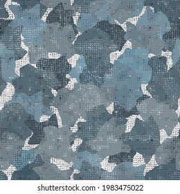 Camouflage-Musterhintergrund. Klassische Kleidung Masking Camo wiederholen Druck. Winterblau graue Farben urbane, Marine- oder Luftwaffentextur. Design-Element. Vektorgrafik.