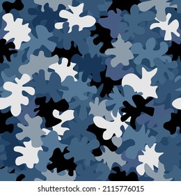 Camouflage-Musterhintergrund. Klassische Kleidung Masking Camo wiederholen Druck. Blaugraue Farben urbane, marinierte oder Luftwaffe Textur. Design-Element. Vektorgrafik.