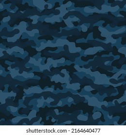 Camouflage Pattern Background. Classic Clothing Style Masking Camo Repeat Print. Blue Water Colors Urban, Navy Or Airforce Texture. Design Element. Vector Illustration.