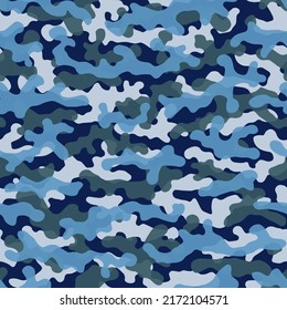 Camouflage Pattern Background. Classic Clothing Style Masking Camo Repeat Print. Sky Blue Colors Urban, Navy Or Airforce Texture. Four Color Layered Vector Illustration