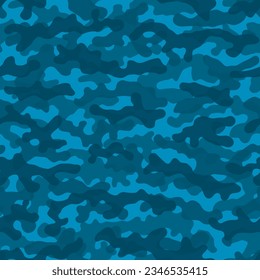 Camouflage pattern background. Classic clothing style masking camo repeat print. Blue water colors urban, navy or airforce texture. Design element. Vector illustration.