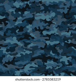 Camouflage pattern background. Classic clothing style masking camo repeat print. Blue grey colors urban, navy or airforce texture. Design element. Vector illustration.