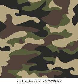 Camouflage pattern background. Classic clothing style masking camo repeat print. Green brown black olive colors forest texture. Design element. Vector illustration.