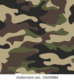 Camouflage pattern background. Classic clothing style masking camo repeat print. Green brown black olive colors forest texture. Design element. Vector illustration.