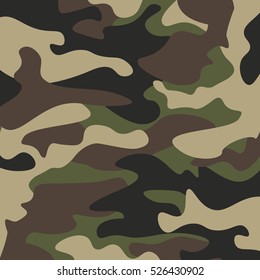 Camouflage pattern background. Classic clothing style masking camo repeat print. Green brown black olive colors forest texture. Design element. Vector illustration.