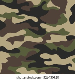 Camouflage pattern background. Classic clothing style masking camo repeat print. Green brown black olive colors forest texture. Design element. Vector illustration.
